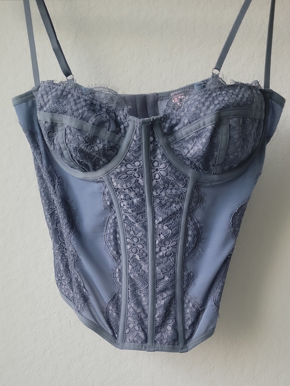 Lace-Trimmed Corset Bustier in Blue Slate Gray